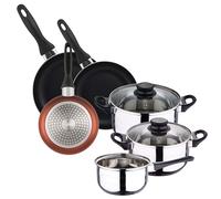 Batterie de cuisine 5 pièces acier inoxydable + set 3 poêles Ø16Ø20Ø24 aluminium pressé, cuivre métallisé