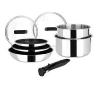 Sitram 714248 Batterie de cuisine Inox 8 Pièces : 3 Poêles Ø20,24,28 cm + 2 Casseroles Ø16,18 cm + 2 Couvercles Verre Ø16,18 cm + manche amovible, Tous feux dont induction