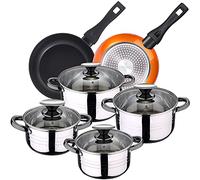 Batterie de cuisine 8 pièces compatible avec induction SAN IGNACIO Hita en acier inoxydable avec set de poêles Neon (20,24 cm) en aluminium forgé adapté pour induction