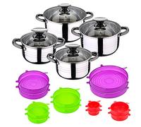 Batterie de cuisine 8 pièces compatible induction SAN IGNACIO Hita en acier inoxydable avec set de 12 couvercles en silicone Jolie