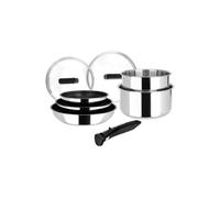 Sitram 714248 Batterie de cuisine Inox 8 Pièces : 3 Poêles Ø20,24,28 cm + 2 Casseroles Ø16,18 cm + 2 Couvercles Verre Ø16,18 cm + manche amovible, Tous feux dont induction
