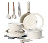 Batterie de Cuisine Antiadhésive 18 Pièces - Lot de Poêles et Casseroles avec Manche Amovible - Compatible Tous Feux Dont Induction - Revêtement Antiadhésif Sans PFOA (beige)