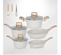 Batterie de Cuisine Antiadhésive Granit Blanc - Ensemble Casseroles et Poêles Compatibles Induction - Inclut Poêles à Frire