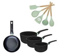 Batterie de cuisine avec 1 poêle 20 cm et 3 casseroles 16/18/20 cm sans PFAS et 5 ustensiles de cuisine Fackelmann Brandao Océan Noir|Vert