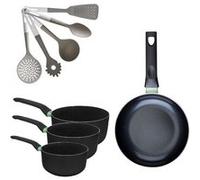Batterie de cuisine avec 1 poêle 28 cm et 3 casseroles 16/18/20 cm et 5 ustensiles de cuisine Fackelmann Brandao Vario Noir|Vert