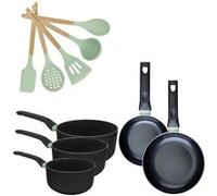 Batterie de cuisine avec 2 poêles 16/20 cm et 3 casseroles 16/18/20 cm avec 5 ustensiles de cuisine sans PFAS Fackelmann Brandao Océan Noir|Vert