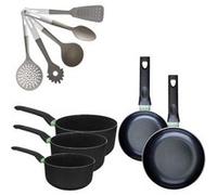Batterie de cuisine avec 2 poêles 16/20 cm et 3 casseroles 16/18/20 cm et 5 ustensiles de cuisine sans PFAS Fackelmann Brandao Vario Noir|Vert