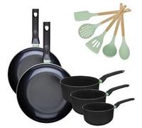 Batterie de cuisine avec 2 poêles 28/30 cm et 3 casseroles 16/18/20 cm avec 5 ustensiles de cuisine Fackelmann Brandao Océan Noir|Vert