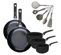 Batterie de cuisine avec 2 poêles 28/30 cm et 3 casseroles 16/18/20 cm et 5 ustensiles de cuisine Fackelmann Brandao Vario Noir|Vert