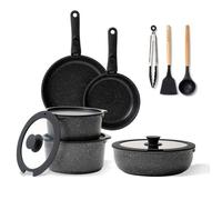 Batterie de cuisine - BOREINE - Poele et Casserole - Tous feux dont induction - Antiadhésif - Poignée Amovible - 14 Pce Noir