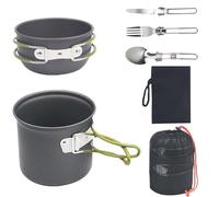 Batterie de cuisine de camping pour 1 à 2 personnes - En aluminium - Portable - Avec couverts pliables - Pour l'extérieur, les voyages, la randonnée