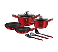 Berlinger Haus Burgundy Batterie de Cuisine à Induction 10 Pièces Antiadhésive Marbre sans PFOA, Aluminium, 2 Casseroles 2 Couvercles 2 Poêles à Frire 4 Ustensiles, Design Metallic Line Rouge BH-6141