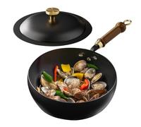 Batterie de cuisine en fer avec couvercle - Avec poignée en bois - Wok chinois non collant - Four facile et propre - Accessoire de cuisine sûr pour la maison, l'appartement, le camping
