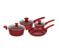 Herzberg, HG04715-RED, Ensemble complet de batterie de cuisine avec revêtement antiadhésif, rétention de chaleur, poignées ergonomiques, facile à nettoyer, 7 Pièces, Rouge