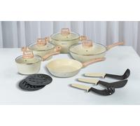 Herzberg - Batterie de Cuisine 15 Pièces, en Aluminium, Revêtement Marbre, Casseroles, Poêles, Couvercles en Verre, Ustensiles, Compatible Induction, Noir