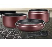 Herzberg Batterie de cuisine HG8053-BR – 7 pièces, revêtement pierre, manche amovible, bordeaux