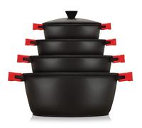 briebe Black Titanium Batterie de Cuisine Induction 8 Pièces Antiadhésive Titane, Lot de 4 Casseroles en Fonte d'Aluminium sans PFOA, Couvercles en Verre, Poignées Amovibles en Silicone