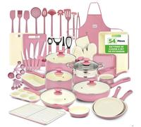 NutriChef Batterie de Cuisine 54 Pièces - Set Complet Poêles et Casseroles Céramiques Antiadhésives avec Couvercles et Ustensiles, Tous Feux Induction Gaz Électrique - Rose Blush