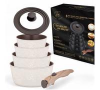 Batterie de cuisine - ROYAL SWISS - 6 pièces - Poignée amovible - Couvercles en verre - Beige sans PFOA/PFAS