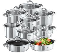 tectake® Set de casseroles & Poele Inox 15 pcs, revêtement anti-adhésif, Lot de casseroles, poêles & couvercle casserole, ustensiles de cuisine idéal Induction cuisinère gaz & vitrocéramique
