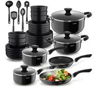 Set de cuisine - TECTAKE - Éléments en acier inoxydable et grès émaillé pour 6 personnes avec vaisselle et casseroles - 39 pièces