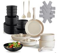Batterie de cuisine - TECTAKE - Set de cuisine en aluminium inoxydable et grès émaillé pour 6 personnes, 40 pièces - Noir/Blanc