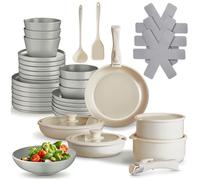 Batterie de cuisine - TECTAKE - Set de cuisine en aluminium inoxydable et grès émaillé pour 6 personnes, 40 pièces - Gris/Blanc
