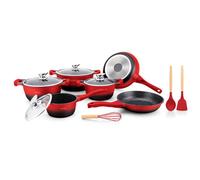 Batterie de cuisson complète effet marbre - 13 pièces - Tous feux - Rouge et noir