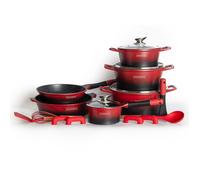 Batterie de cuisson complète effet marbre - 17 pièces - Tous feux - Rouge et noir