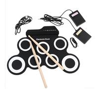 Batterie électrique portable complète pour enfants avec baguettes et deux pédales, matériaux en PVC et silicone, conçu pour un transport facile et une pratique amusante (noir)