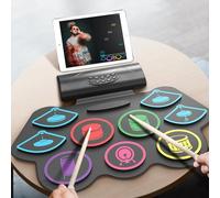 Batterie électronique, 9 pads enroulables avec haut-parleurs intégrés, prise MIDI, sortie casque, tapis d'entraînement de batterie portable rechargeable, excellent cadeau pour les enfants