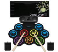 Batterie électronique Lychee avec prise casque, 9 pads d'entraînement stéréo enroulables, haut-parleur intégré, pédales, baguettes, connexion externe, excellent cadeau de Noël ou d'anniversaire pour e