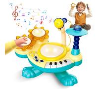Batterie Enfant 3 Ans, Tambour à Battement de Mains avec Musique, Lumières, Microphone et Touches de Piano, Éducation Précoce Instrument de Musique, Jouet Musical Bébé Noël Cadeau (Bleu)