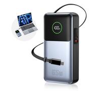 Batterie Externe 26800mAh, Charge Rapide PC Portable 65W PD, Câble Type-C Rétractable Intégré, 3 Ports de Sortie Simultanés, Portable et Léger（Noir）