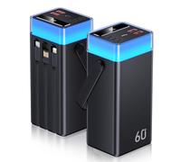 Batterie Externe 60000mAh Charge Rapide, Power Bank 22,5W Chargeur Portable 3 Câble Intégré, PowerBank 5 Sorties et 2 Entrées avec Écran LED et 9 Couleurs Dimmable pour iPhone Android Camping