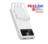 Batterie Externe Blanche 20000mAh - Power Bank Mince et Portable - 4 Câbles Intégrés, 6 Sorties, 3 Entrées - Écran LED - Compact