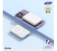 Batterie externe magnétique 10000 mAh BCSK® - Fixation magnétique | Charge sans fil + USB-C | Ultra-compact - Blanc