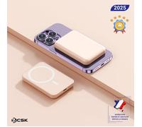 Batterie externe magnétique 5000 mAh BCSK® - Fixation magnétique | Charge sans fil + USB-C | Ultra-compact - Rose