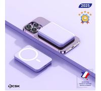 Batterie externe magnétique 5000 mAh BCSK® - Fixation magnétique | Charge sans fil + USB-C | Ultra-compact - Violet