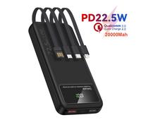 Batterie Externe Noire 20000mAh - Power Bank Mince - 4 Câbles Intégrés, 6 Sorties, 3 Entrées - Affichage LED - Compacte - Portable