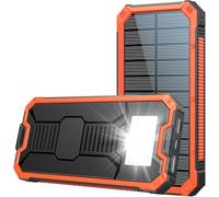 Batterie Externe Solaire 10000mAh, Power Bank Portable Noir avec 2 Ports USB, Lampe de Poche LED, Mousqueton, Chargeur Imperméable pour Téléphone et Tablette, Charge Rapide, Écran LED