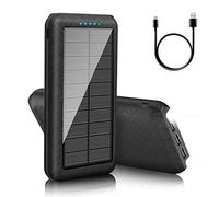 Batterie externe solaire 25800 mAh - Chargeur portable avec lumière LED - 3 sorties USB et 2 entrées - Pour le camping et l'extérieur - Compatible avec téléphone - Android (noir)