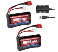 Batterie Li-ion 7,4 V 5000 mAh 2S avec fiche en T Deans - Batterie rechargeable haute performance pour voiture RC 1/12 1/16 1/18 4WD RC voiture et camion RC - Avec 2 câbles de charge USB