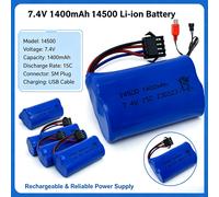 Batterie Li-on 7,4V 1400mAh 14500 avec connecteur SM4P et chargeur USB pour pistolet à eau, camion RC, bateau, hélicoptère, jouet, accessoire de batterie 2pcs