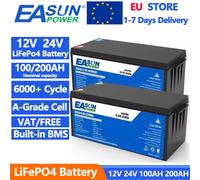 Batterie LiFePo4 EASUN 12V 24V 100AH 200AH - 6000+ Cycles Profonds Protection BMS Cellules de Grade A Stock UE Sans Taxe pour VR Solaire Marine 12V-200AH
