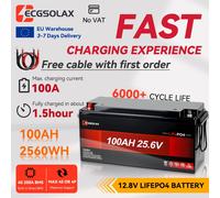 Batterie LiFePo4 ECGSOLAX 25,6V 100Ah avec BMS, ≥ 6000+ cycles de charge, batteries au lithium rechargeables pour système solaire, jusqu'à 4 batteries en série ou en parallèle 100AH 25.6V