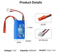 Batterie LiPo 7,4 V 600 mAh 15C 2S avec Connecteur JST 2 Broches - Compatible A560, SU27, RC4GS V3, RC6GS V3