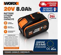 Batterie Lithium 20V 8.0Ah WORX PowerShare compatible WG163E WX390 WX176 outils sans fil haute capacité CE RoHS