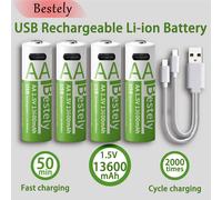 Batterie lithium rechargeable AA 1,5 V 13600 mAh USB, dernière génération, charge rapide, 2000 cycles avec câbles USB-C 1 pcs battery