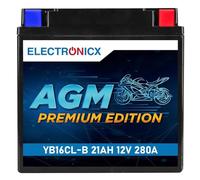 Batterie moto AGM YB16 sans entretien 12V 21Ah 280A. Scellée, étanche, résistante aux vibrations. Idéale pour moto,quad, ATV, jetski & motoneige. Compacte& prête à l’emploi.